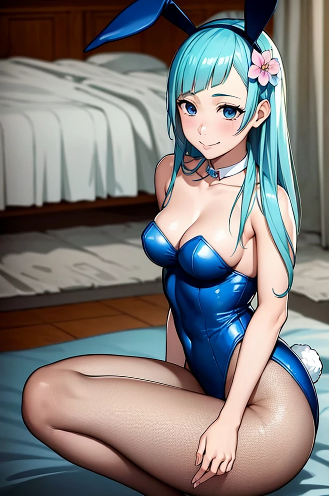 Miwakasumi,masterpiece, Highest quality, Absurd, Perfect Anatomy, One girl, alone, Shura, hair ornaments, Hair Flowers, Wrist cuff, Playboy Bunny, leotard, pantyhose, fake rabbit ears, Contrasting, smile, , Cowboy Shot, indoor, Bedroom, Close-up Spread your legs