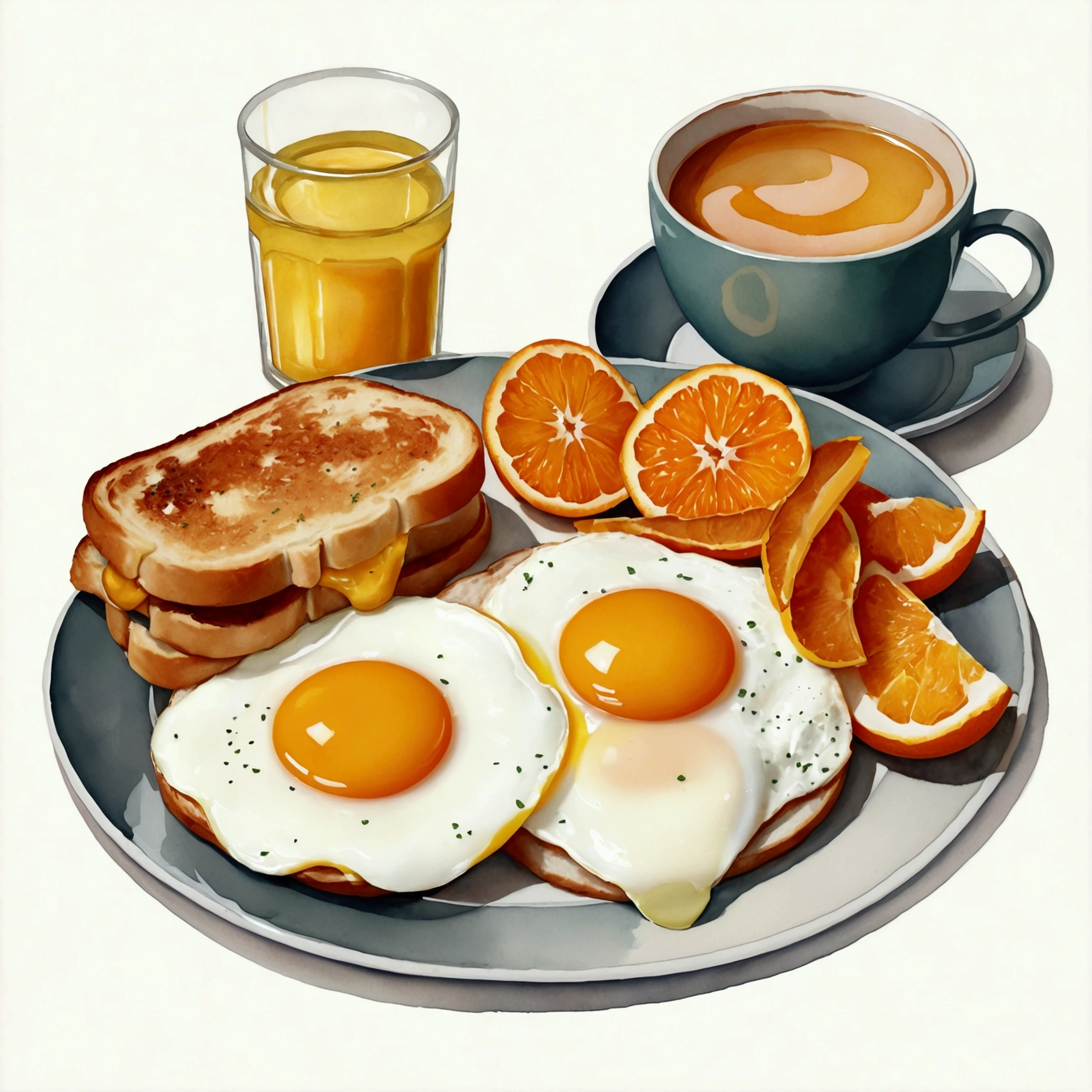 there is a plate of breakfast food with orange slices and eggs, oil painting of breakfast, amazing food illustration, hearty breakfast, in style of digital illustration, by Tom Wänerstrand, highly detailed composition, by Joe Bowler, painterly illustration, photorealistic illustration, by Jeka Kemp, super realistic food picture, artistic illustration, white plate, and white cup 