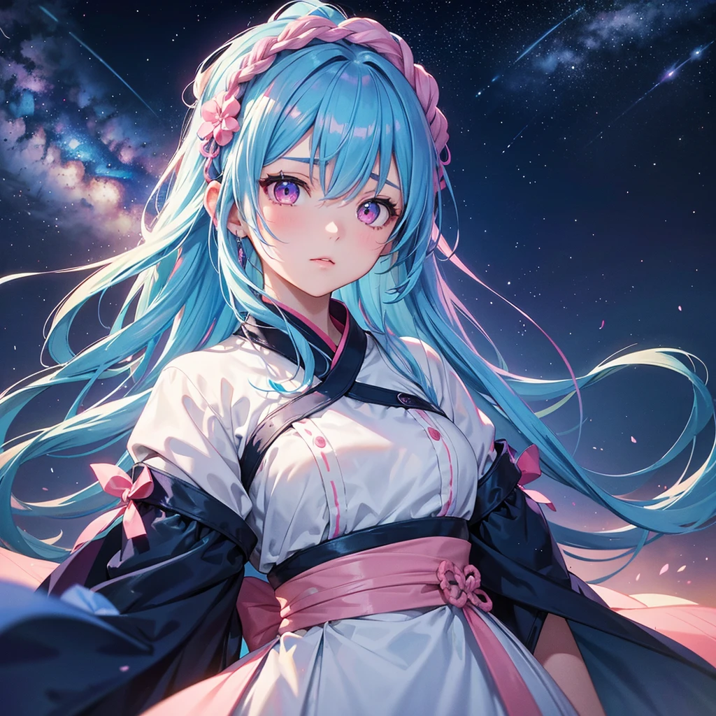 Sky blue hair, Braided Ponytail,(Pink Eyes),Fair skin ,(whole body),(One girl),Hanfu,Tanabata,(A beautiful Milky Way in the night sky),Hollow Eyes,Straight bangs,(masterpiece, Highest quality, Very detailed, Best Shadow), (Detailed Background), (Beautifully detailed face), High Contrast, (Best lighting, Very delicate and beautiful), ((Cinematic Light)), colorful, Hyper Detail, Dramatic Light, Intricate details,