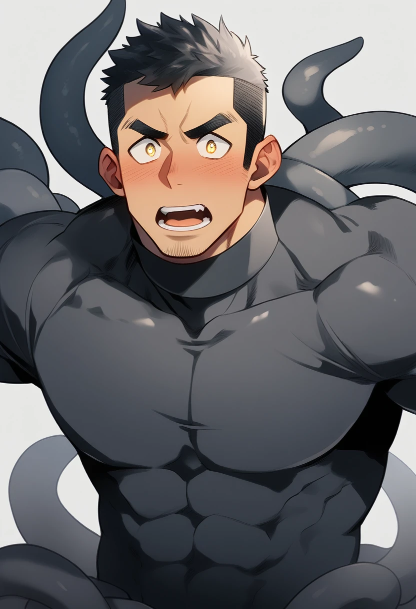 anime characters：Superhero in tights, negro black skin, He was entangled by a large number of thick black tentacles, Very stout, Lots of mucus, Wrap around the neck, Wrap around the waist, Tightly tied, Manliness, male focus, Yellow and black high collar long sleeve tight T-shirt, Slightly transparent material, Very tight, Round, full and perky chest muscles, Male dog waist, Slightly transparent, muscular male, muscular, only, Upper body, alone, Black short hair, Thick eyebrows, stubble, Yellow eyes, Grey background, simple background, amazing quality, best aesthetics, Ridiculous, bright pupils, crew cut, parted lips, blush, open mouth, scared, drop shadow, best quality