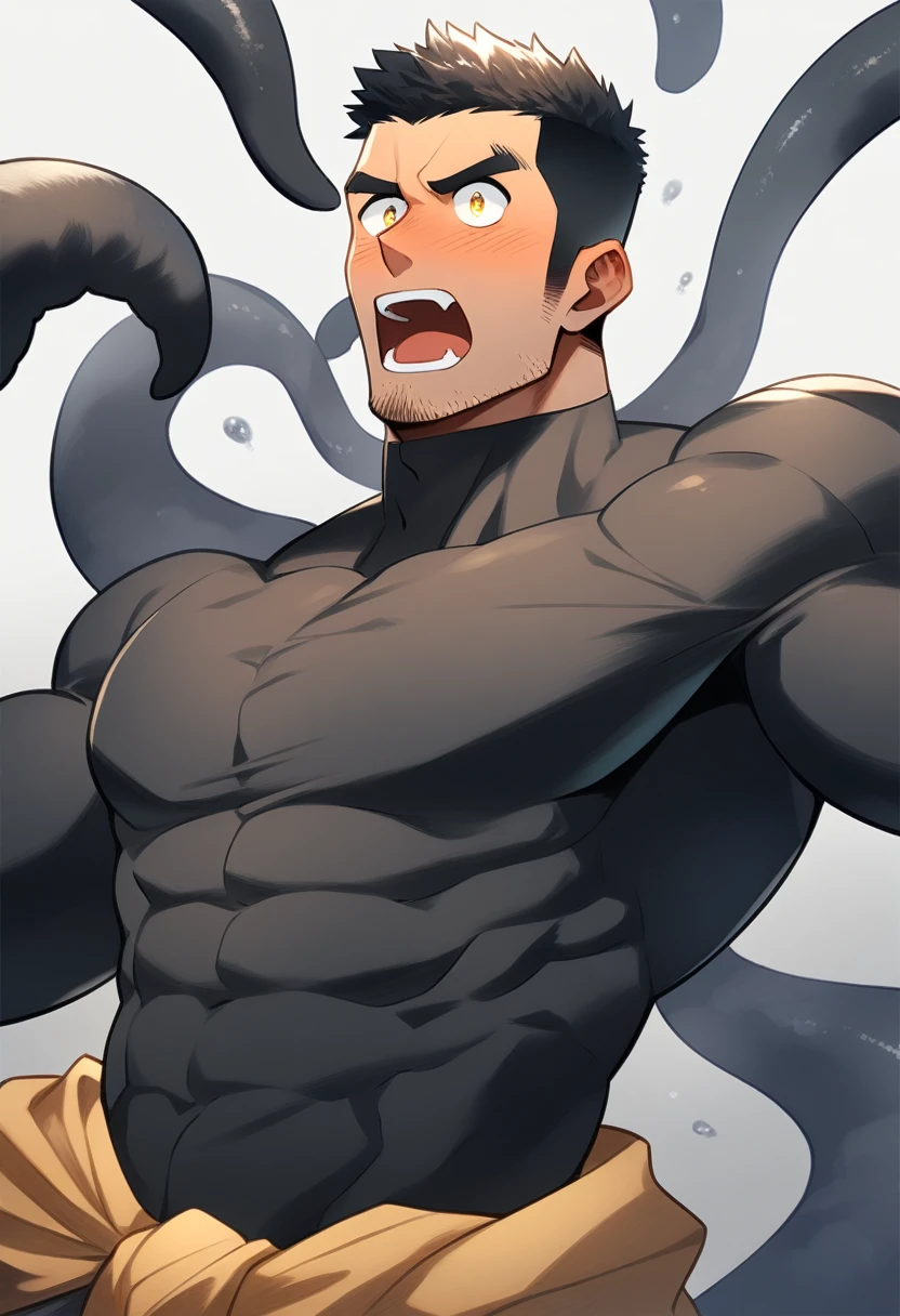 anime characters：Superhero in tights, negro black skin, He was entangled by a large number of thick black tentacles, Very stout, Lots of mucus, Wrap around the neck, Wrap around the waist, Tightly tied, Manliness, male focus, Yellow and black high collar long sleeve tight T-shirt, Slightly transparent material, Very tight, Round, full and perky chest muscles, Male dog waist, Slightly transparent, muscular male, muscular, only, Upper body, alone, Black short hair, Thick eyebrows, stubble, Yellow eyes, Grey background, simple background, amazing quality, best aesthetics, Ridiculous, bright pupils, crew cut, parted lips, blush, open mouth, scared, drop shadow, best quality