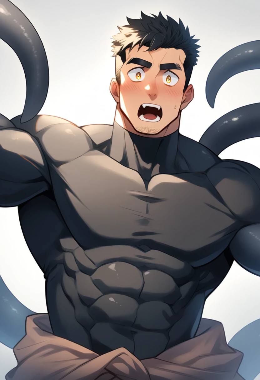 anime characters：Superhero in tights, negro black skin, He was entangled by a large number of thick black tentacles, Very stout, Lots of mucus, Wrap around the neck, Wrap around the waist, Tightly tied, Manliness, male focus, Yellow and black high collar long sleeve tight T-shirt, Slightly transparent material, Very tight, Round, full and perky chest muscles, Male dog waist, Slightly transparent, muscular male, muscular, only, Upper body, alone, Black short hair, Thick eyebrows, stubble, Yellow eyes, Grey background, simple background, amazing quality, best aesthetics, Ridiculous, bright pupils, crew cut, parted lips, blush, open mouth, scared, drop shadow, best quality