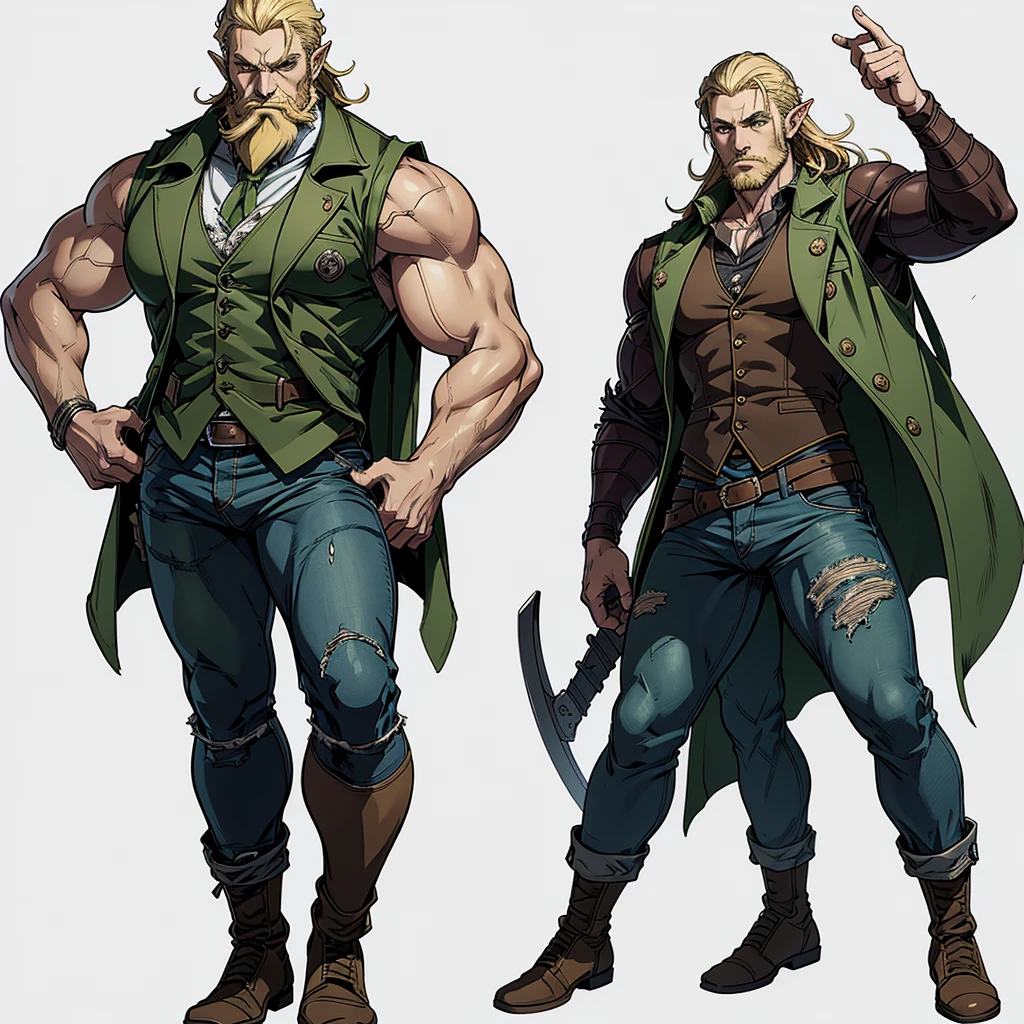 character ANIME man, FULL BODY, standing, STRONG, long blonde hair, ((design sketches)), (masterpiece), extremely detailed, (original design reserved), (random poses), LEADER, (unique accessories), (clothing, green vest, jeans), (bearded face) professionally retouched, white background, (male: 1.1) martial arts, parkour (cauça Jeans r: 0.8), (dirty: 1.1), (movement: 0.8), (young: 1.3), (sprint: 0.6) (silent hill concept) (resident evil concept), (orelhas de elfo)