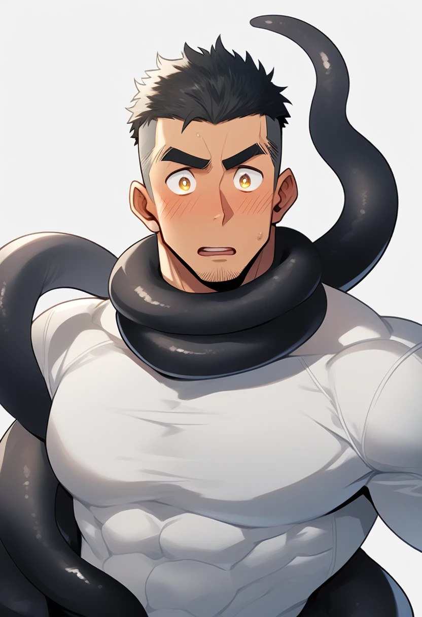 anime characters：Superhero in tights, negro black skin, He was entangled by a large number of thick black tentacles, Very stout, Lots of mucus, Wrap around the neck, Wrap around the waist, Tightly tied, Manliness, male focus, Yellow and black high collar long sleeve tight T-shirt, Slightly transparent material, Very tight, Round, full and perky chest muscles, Male dog waist, Slightly transparent, muscular male, muscular, only, Upper body, alone, Black short hair, Thick eyebrows, stubble, Yellow eyes, Grey background, simple background, amazing quality, best aesthetics, Ridiculous, bright pupils, crew cut, parted lips, blush, open mouth, scared, drop shadow, best quality