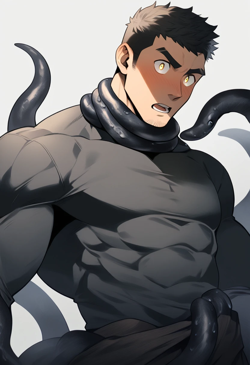 anime characters：Superhero in tights, negro black skin, He was entangled by a large number of thick black tentacles, Very stout, Lots of mucus, Wrap around the neck, Wrap around the waist, Tightly tied, Manliness, male focus, Yellow and black high collar long sleeve tight T-shirt, Slightly transparent material, Very tight, Round, full and perky chest muscles, Male dog waist, Slightly transparent, muscular male, muscular, only, Upper body, alone, Black short hair, Thick eyebrows, stubble, Yellow eyes, Grey background, simple background, amazing quality, best aesthetics, Ridiculous, bright pupils, crew cut, parted lips, blush, open mouth, scared, drop shadow, best quality