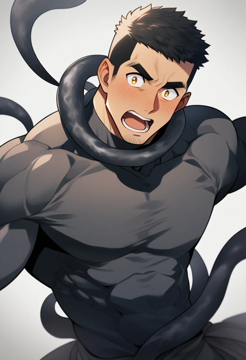 anime characters：Superhero in tights, negro black skin, He was entangled by a large number of thick black tentacles, Very stout, Lots of mucus, Wrap around the neck, Wrap around the waist, Tightly tied, Manliness, male focus, Yellow and black high collar long sleeve tight T-shirt, Slightly transparent material, Very tight, Round, full and perky chest muscles, Male dog waist, Slightly transparent, muscular male, muscular, only, Upper body, alone, Black short hair, Thick eyebrows, stubble, Yellow eyes, Grey background, simple background, amazing quality, best aesthetics, Ridiculous, bright pupils, crew cut, parted lips, blush, open mouth, scared, drop shadow, best quality