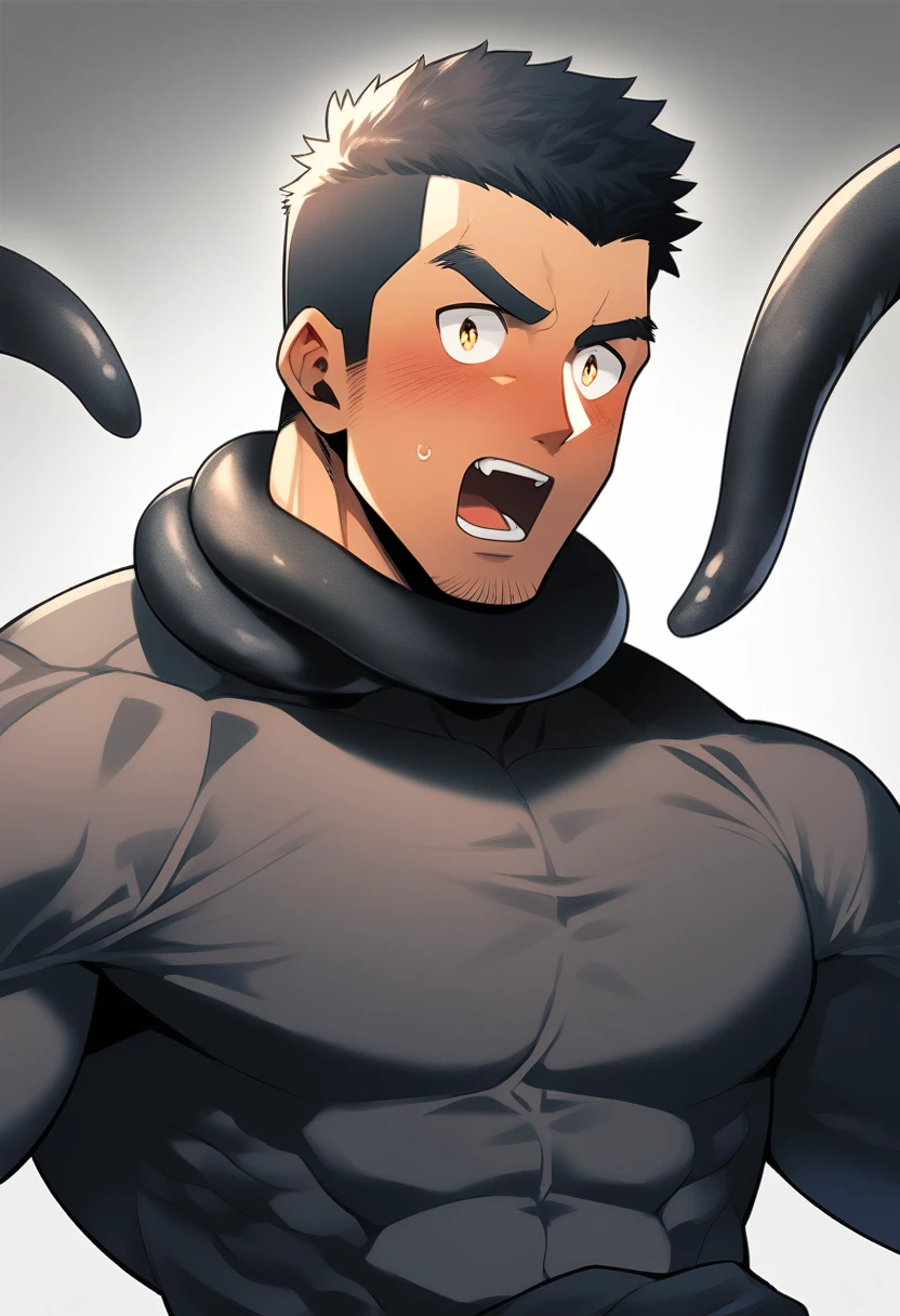 anime characters：Superhero in tights, negro black skin, He was entangled by a large number of thick black tentacles, Very stout, Lots of mucus, Wrap around the neck, Wrap around the waist, Tightly tied, Manliness, male focus, Yellow and black high collar long sleeve tight T-shirt, Slightly transparent material, Very tight, Round, full and perky chest muscles, Male dog waist, Slightly transparent, muscular male, muscular, only, Upper body, alone, Black short hair, Thick eyebrows, stubble, Yellow eyes, Grey background, simple background, amazing quality, best aesthetics, Ridiculous, bright pupils, crew cut, parted lips, blush, open mouth, scared, drop shadow, best quality