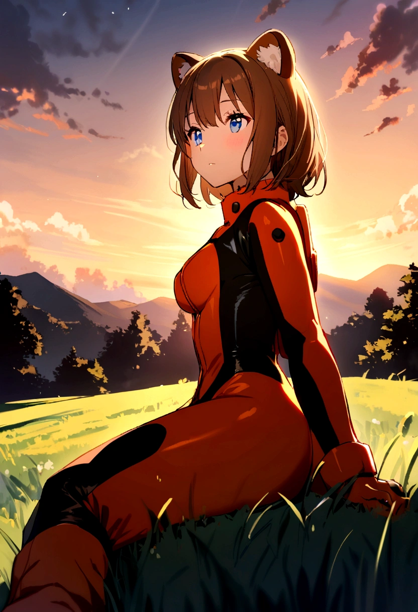 1 girl alone long brown hair bright blue eyes, medium breasts,red panda lo-gi suit sitting on the edge of the grass watching the scenery