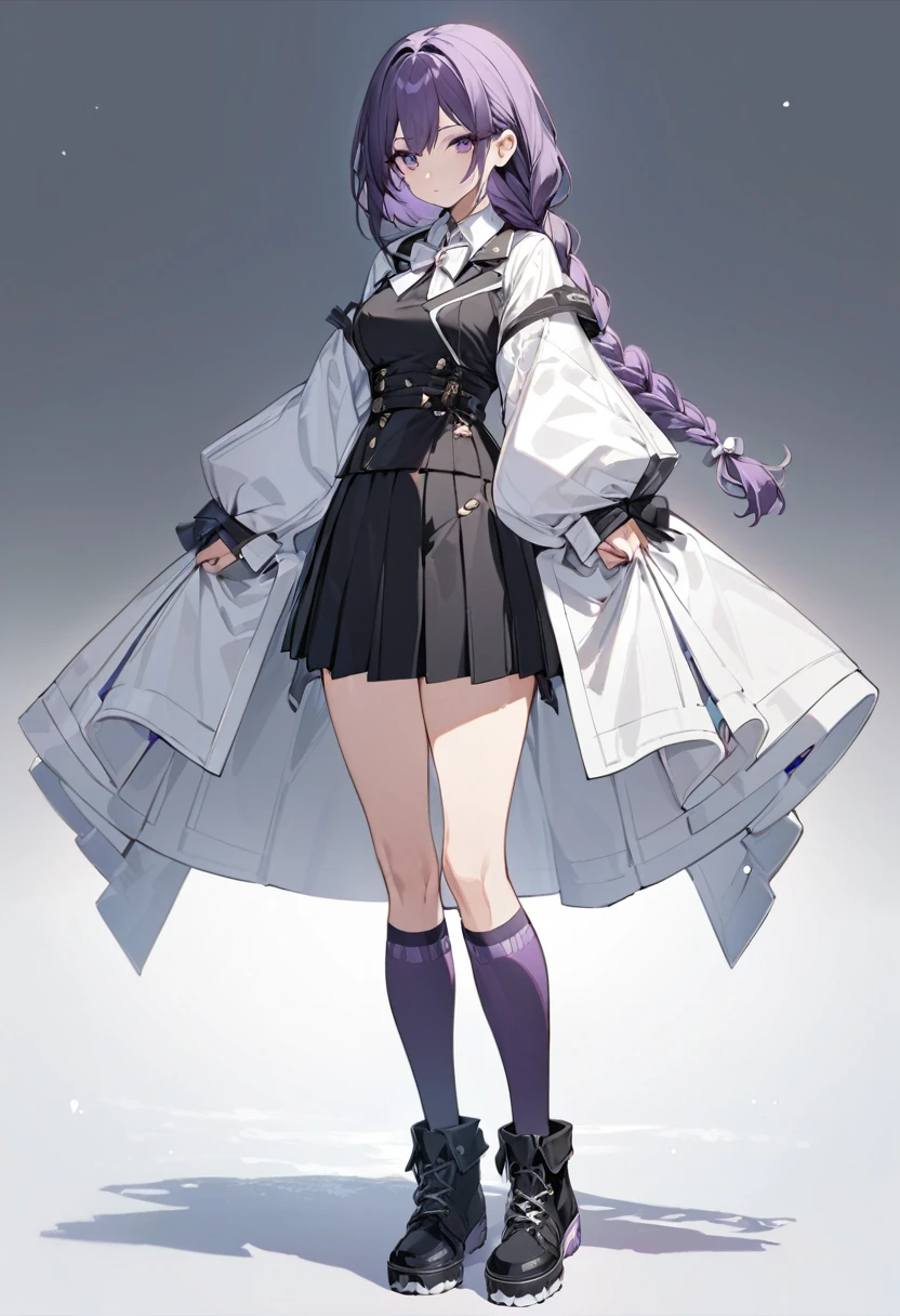 masterpiece, (bestquality), highlydetailed, cold, calm, gentle, expressionless, solo, (detailed eyes), (1girl), dark purple hair, very long single braid, bright purple eyes, (white collared shirt with white furisode sleeves), thin red bow tie under the collar, (diamond-shaped pin on the front of the bow), (black high-waisted pleated skirt), dark purple high socks, black ankle boots, medium breasts, (simple white background), (white empty background), full body, standing,