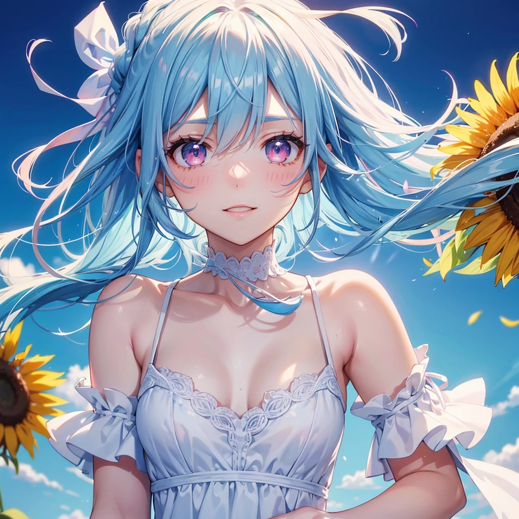 Sky blue hair, Braided Ponytail,(Pink Eyes),Fair skin ,(whole body),(One girl),summer,Sunflower field,White dress,Straight bangs,A sky full of smiles,(masterpiece, Highest quality, Very detailed, Best Shadow), (Detailed Background), (Beautifully detailed face), High Contrast, (Best lighting, Very delicate and beautiful), ((Cinematic Light)), colorful, Hyper Detail, Dramatic Light, Intricate details,summerの暑い日差し,