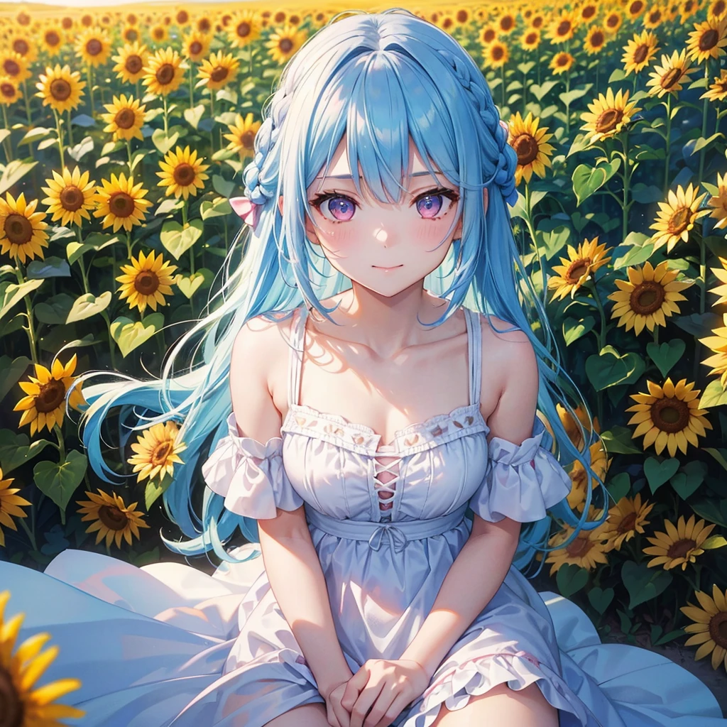 Sky blue hair, Braided Ponytail,(Pink Eyes),Fair skin ,(whole body),(One girl),summer,Sunflower field,White dress,Straight bangs,A sky full of smiles,(masterpiece, Highest quality, Very detailed, Best Shadow), (Detailed Background), (Beautifully detailed face), High Contrast, (Best lighting, Very delicate and beautiful), ((Cinematic Light)), colorful, Hyper Detail, Dramatic Light, Intricate details,summerの暑い日差し,