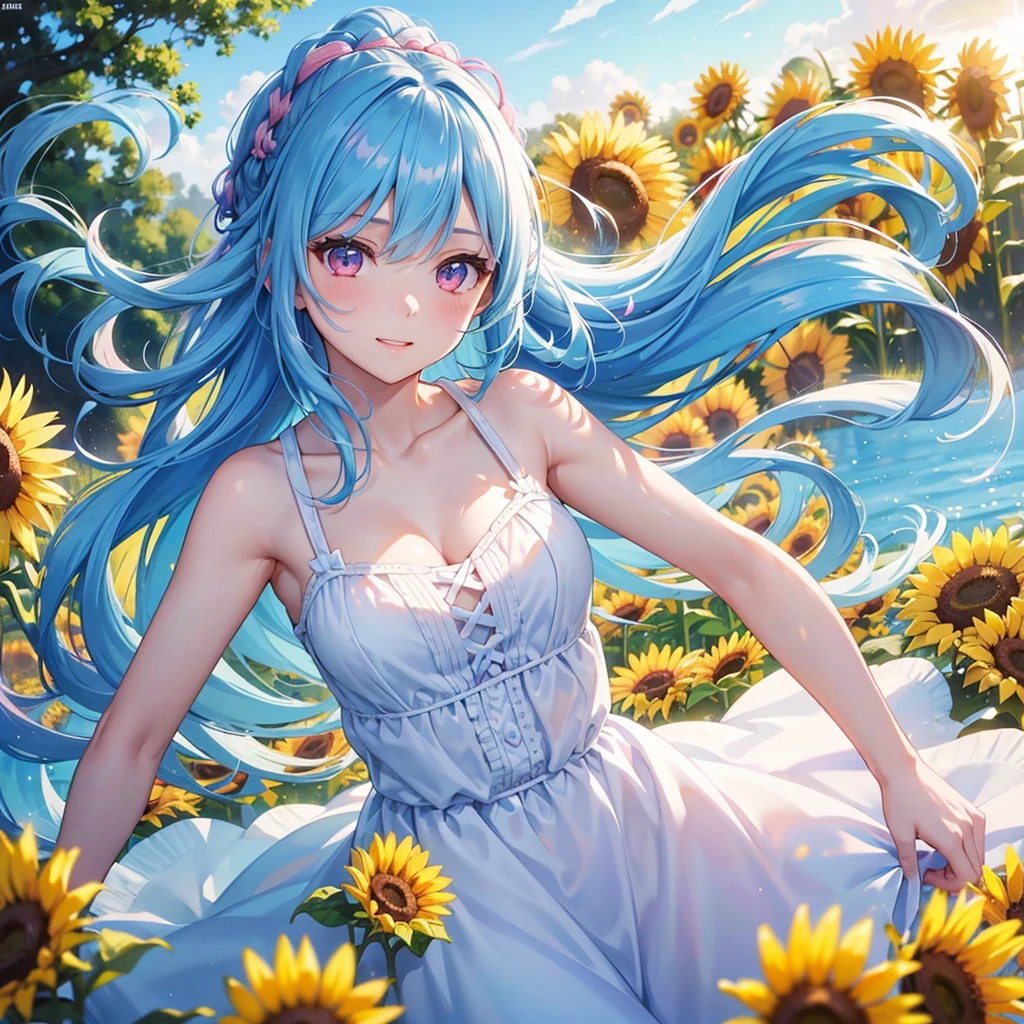 Sky blue hair, Braided Ponytail,(Pink Eyes),Fair skin ,(whole body),(One girl),summer,Sunflower field,White dress,Straight bangs,A sky full of smiles,(masterpiece, Highest quality, Very detailed, Best Shadow), (Detailed Background), (Beautifully detailed face), High Contrast, (Best lighting, Very delicate and beautiful), ((Cinematic Light)), colorful, Hyper Detail, Dramatic Light, Intricate details,summerの暑い日差し,