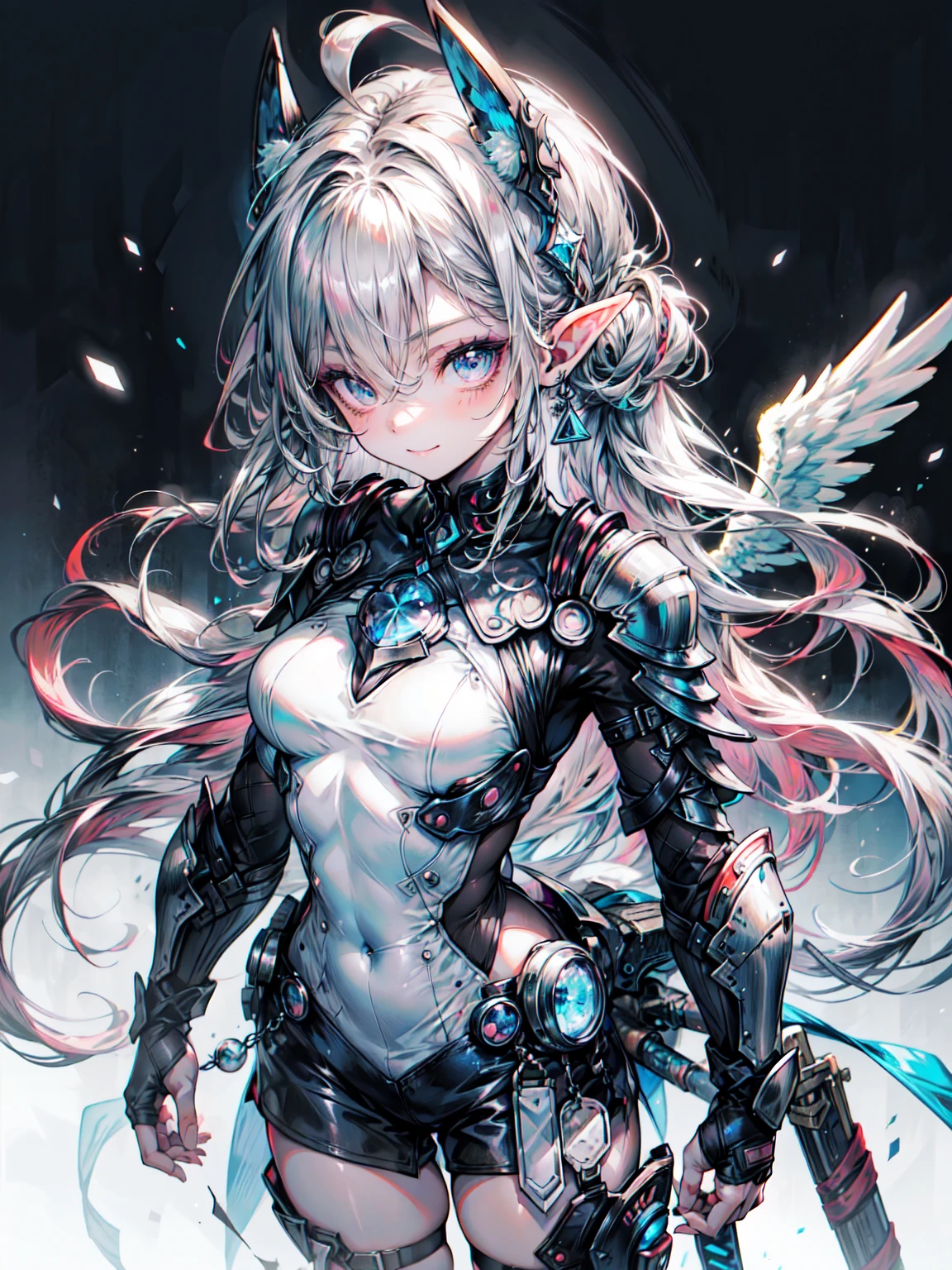 ((4K,masterpiece,Highest quality)), Maxi Kit, 1 Girl dressed modestly, alone, Cowboy Shot、Wide Shot, Standing in white boots, Holding the Sword, Gray Hair, Long Hair, Elf Ears, Valkyrie, armor, Angel, Chest protector, Side bangs, from before, Oversized body, night, Mountain, Looking at the audience, Dynamic pose, Art Style：art jam, by Kawashi, By Vadim Kashin、Blake、非常にdetailed (Dark Elf), (1 Girl), alone, Perfect Face, detailed, Ahoge, ((Long Hair:1.2)), (Hair above one eye:1.3), [[Messy Hair]], Shiny blonde white hair, Purple eyes, Variegated eyes, Colorful Hair, Shining Eyes, Bright Eyes, Face imprint, (eyelash, eye shadow, pink eye shadow), smile, Design Art：haruhiko mikimoto, by Kawashi, By Yoshitaka Amano, break、 ((Perfect Anatomy)), Nice body, Center of chest, (非常にdetailed指), Best Hand, Perfect Face, Beautiful Face, Beautiful Eyes, Perfect Eyes, (Perfect Fingers), Correct Anatomy, 