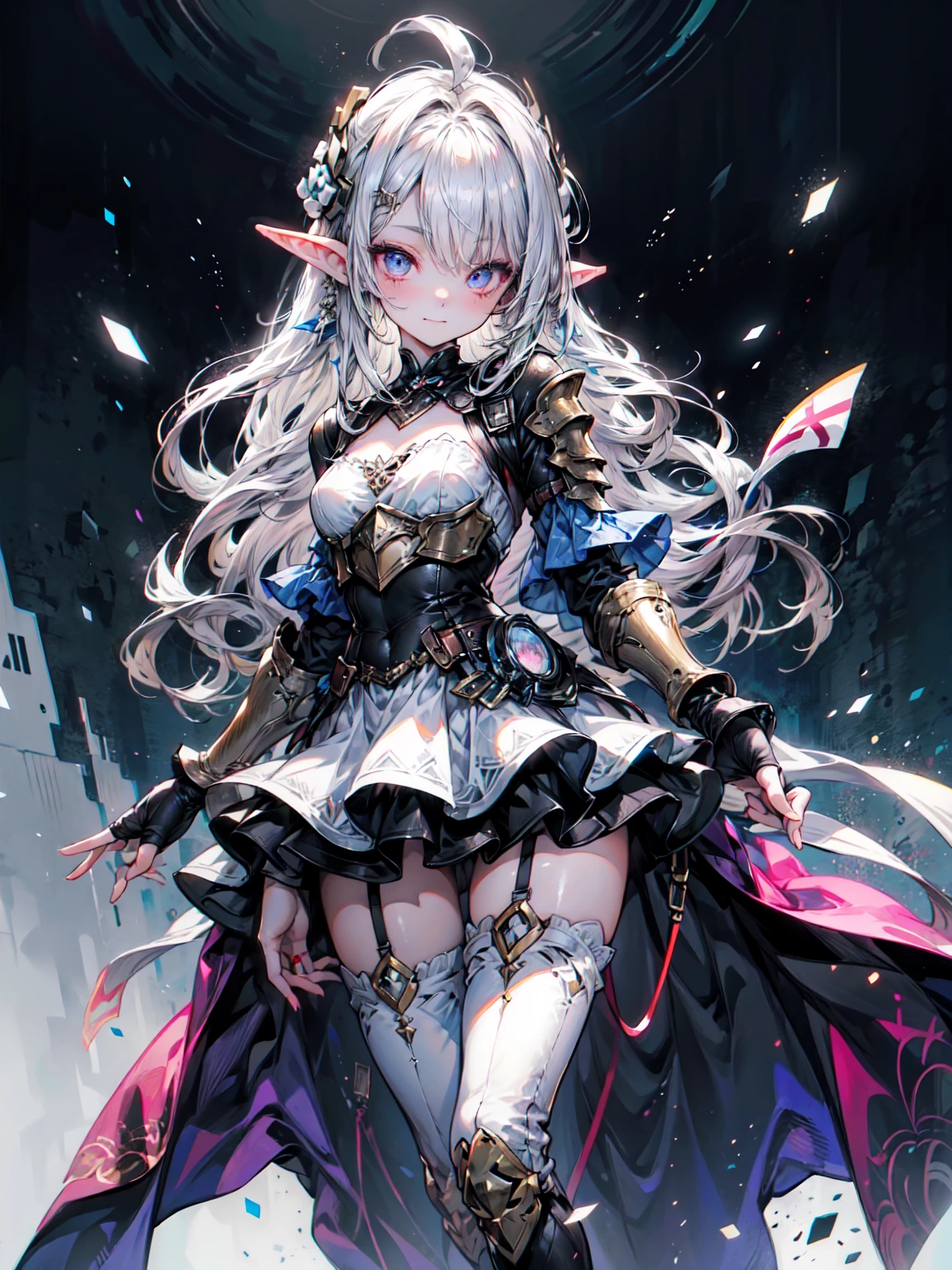 ((4K,masterpiece,Highest quality)), Maxi Kit, 1 Girl dressed modestly, alone, Cowboy Shot、Wide Shot, Standing in white boots, Holding the Sword, Gray Hair, Long Hair, Elf Ears, Valkyrie, armor, Angel, Chest protector, Side bangs, from before, Oversized body, night, Mountain, Looking at the audience, Dynamic pose, Art Style：art jam, by Kawashi, By Vadim Kashin、Blake、非常にdetailed (Dark Elf), (1 Girl), alone, Perfect Face, detailed, Ahoge, ((Long Hair:1.2)), (Hair above one eye:1.3), [[Messy Hair]], Shiny blonde white hair, Purple eyes, Variegated eyes, Colorful Hair, Shining Eyes, Bright Eyes, Face imprint, (eyelash, eye shadow, pink eye shadow), smile, Design Art：haruhiko mikimoto, by Kawashi, By Yoshitaka Amano, break、 ((Perfect Anatomy)), Nice body, Center of chest, (非常にdetailed指), Best Hand, Perfect Face, Beautiful Face, Beautiful Eyes, Perfect Eyes, (Perfect Fingers), Correct Anatomy, 