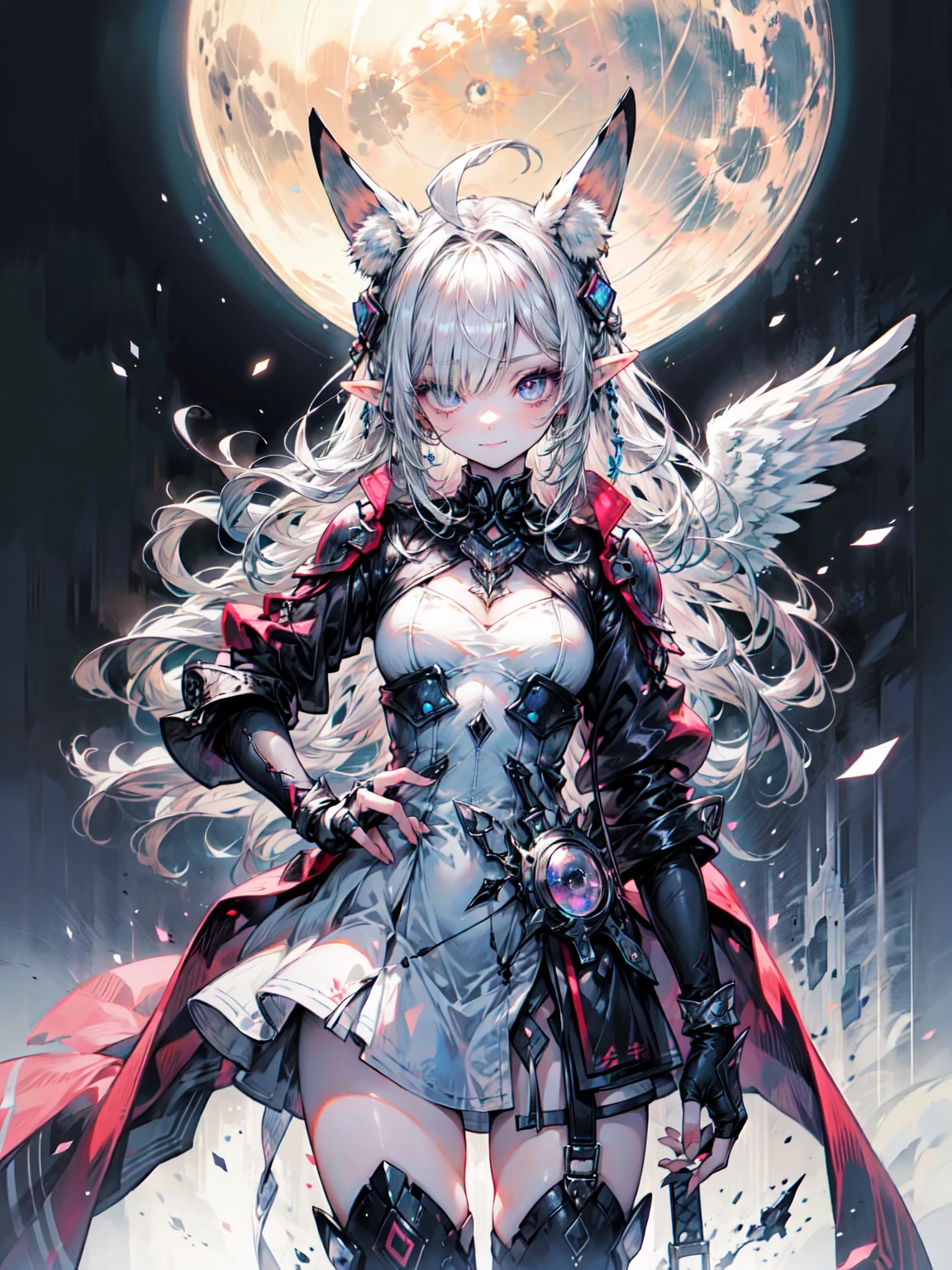 ((4K,masterpiece,Highest quality)), Maxi Kit, 1 Girl dressed modestly, alone, Cowboy Shot、Wide Shot, Standing in white boots, Holding the Sword, Gray Hair, Long Hair, Elf Ears, Valkyrie, armor, Angel, Chest protector, Side bangs, from before, Oversized body, night, Mountain, Looking at the audience, Dynamic pose, Art Style：art jam, by Kawashi, By Vadim Kashin、Blake、非常にdetailed (Dark Elf), (1 Girl), alone, Perfect Face, detailed, Ahoge, ((Long Hair:1.2)), (Hair above one eye:1.3), [[Messy Hair]], Shiny blonde white hair, Purple eyes, Variegated eyes, Colorful Hair, Shining Eyes, Bright Eyes, Face imprint, (eyelash, eye shadow, pink eye shadow), smile, Design Art：haruhiko mikimoto, by Kawashi, By Yoshitaka Amano, break、 ((Perfect Anatomy)), Nice body, Center of chest, (非常にdetailed指), Best Hand, Perfect Face, Beautiful Face, Beautiful Eyes, Perfect Eyes, (Perfect Fingers), Correct Anatomy, 