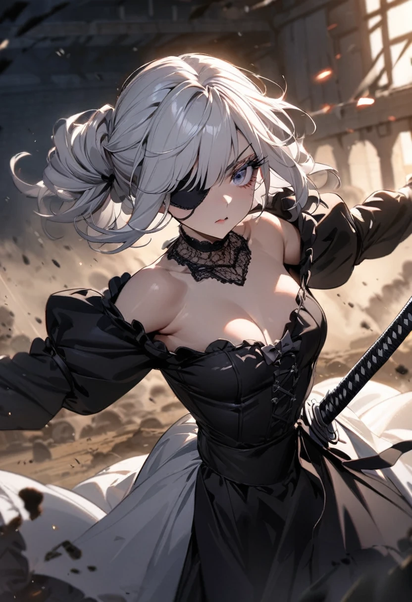 (masterpiece:1.2), (highest quality:1.2), Perfect Eyes, Perfect Face, Perfect lighting, One girl,bob, Complicated hairstyle, compensate, Thick eyelashes, Dressed as a goth girl, Black and white dress, Frills, ribbon, Puffy sleeves, Exposing shoulders, Lace choker,fighting,battle field,katana,Eye patch