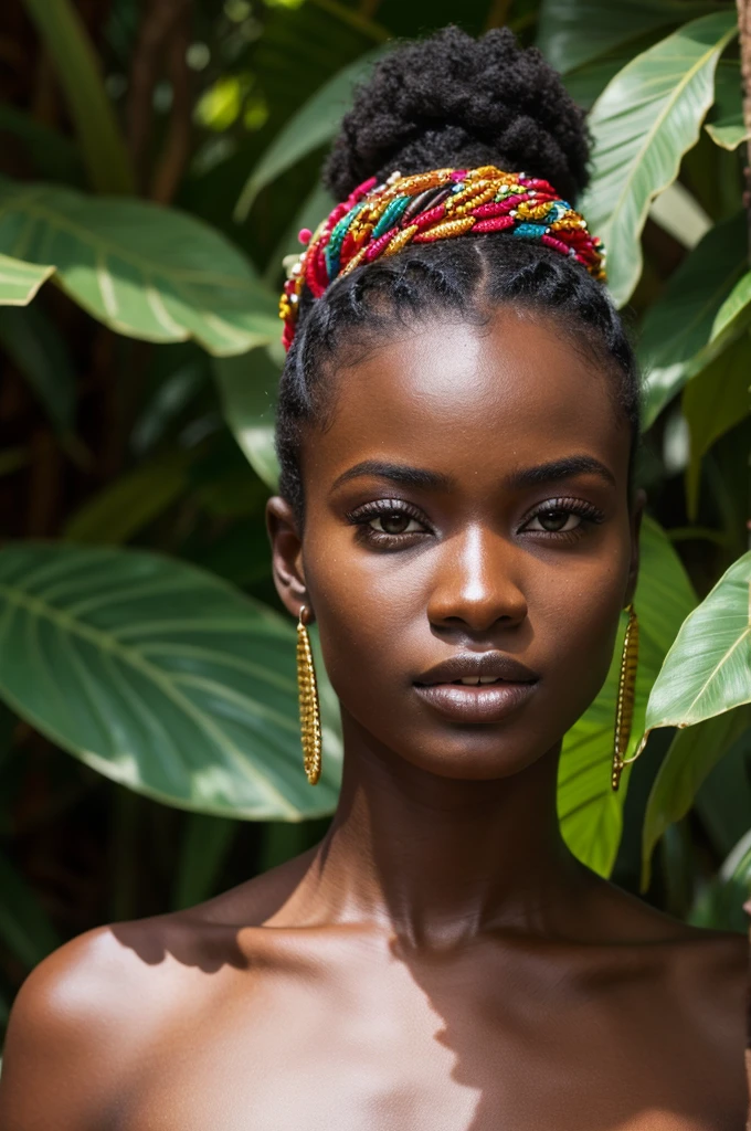 an Angolan model, in a tropical landscape, frontal face, black skin and very client
