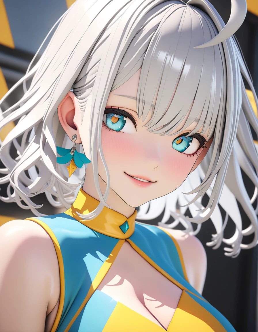 (Highest quality:1.2, 3D, High Detail, masterpiece:1.2, Best aesthetics), (1 girl), Beautiful woman, Beautiful detailed eyes, Beautiful detailed lips, Highly detailed face, Delicate depiction of hair and eyes, Detailed Fashion, (detailed background:1.2) ((Portraiture, Cowboy Shot)), Aqua Eye, huge ahoge, Mouth open, Earrings, View your viewers, big breasts, upper body, full body from knees to head, gaze away, gaze into the distance, smile lightly, fancy nails, bracelet, medium hair, yellow color inner hair, white hair, separate, cheerleader, frilled skirt