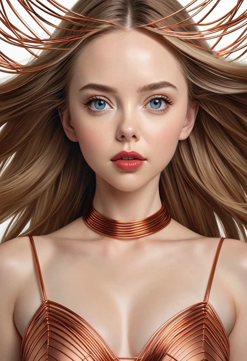 A beautiful women with copper wires for hair. Wearing a dress made of copper wires.This stunning beauty is a merge of Alison-Brie, Scarlett-Johansson, and Dove-Cameron, with a symmetrical face rendered in photorealistic quality. The overall artwork is a masterpiece in 8K high resolution, top-quality,
