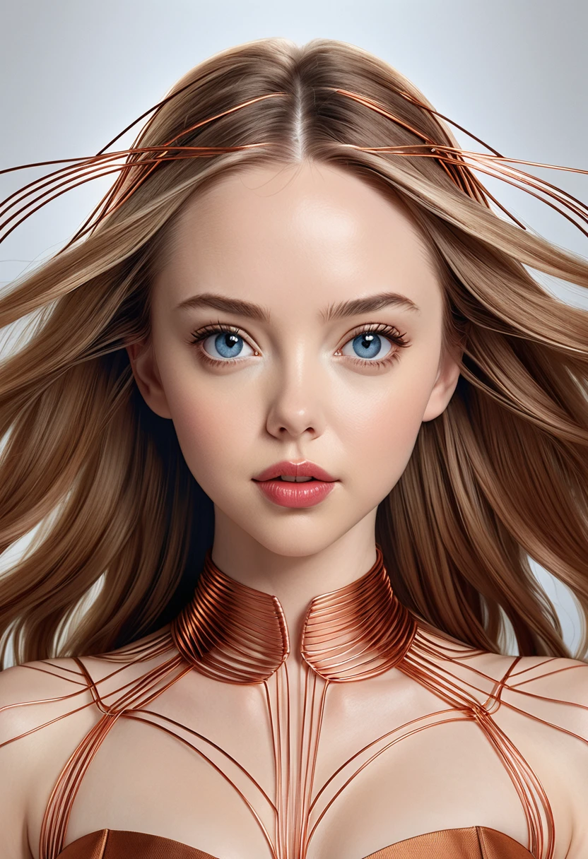 A beautiful women with copper wires for hair. Wearing a dress made of copper wires.This stunning beauty is a merge of Alison-Brie, Scarlett-Johansson, and Dove-Cameron, with a symmetrical face rendered in photorealistic quality. The overall artwork is a masterpiece in 8K high resolution, top-quality,
