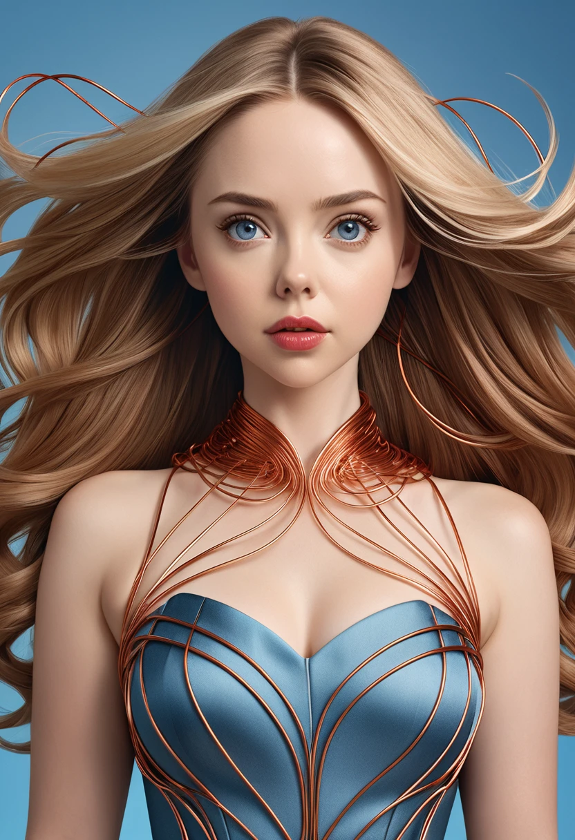 A beautiful women with copper wires for hair. Wearing a dress made of copper wires.This stunning beauty is a merge of Alison-Brie, Scarlett-Johansson, and Dove-Cameron, with a symmetrical face rendered in photorealistic quality. The overall artwork is a masterpiece in 8K high resolution, top-quality,