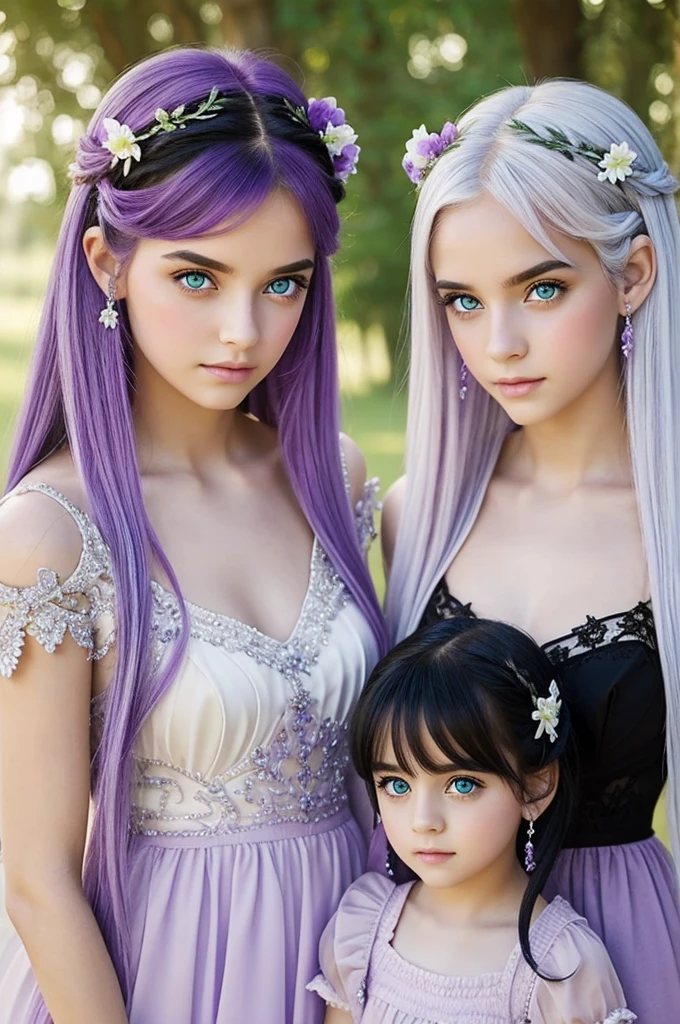 Two twin princesses, the same except for the colors of their eyes and hair. One has black hair and purple eyes and the other has white hair and green eyes. 