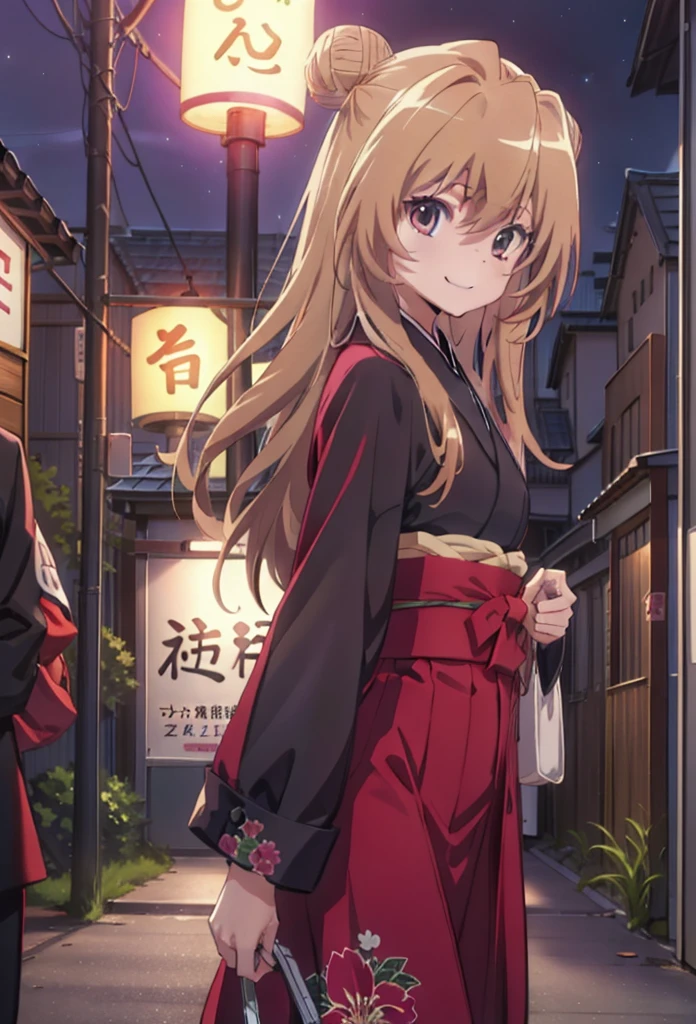 taiga aisaka, taiga aisaka, Long Hair, Brown Hair, Brown eyes,happy smile, smile, Close your mouth,Hair Bun, single  Hair Bun,Black kimono,Thick sleeves,,日本のfestival,夏festivalの屋台,Red lantern,night,As if your whole body is in the illustration,Walking,　　　　　　　　　　　　　　　  break looking at viewer, Upper Body (Cowboy Shot:1. 5),  　　　　　
break outdoors, festival,
break (masterpiece:1.2), Highest quality, High resolution, unity 8k wallpaper, (shape:0.8), (Beautiful attention to detail:1.6), Highly detailed face, Perfect lighting, Highly detailed CG, (Perfect hands, Perfect Anatomy),