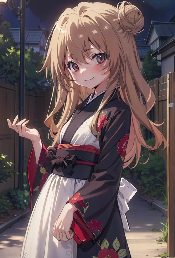 taiga aisaka, taiga aisaka, Long Hair, Brown Hair, Brown eyes,happy smile, smile, Close your mouth,Hair Bun, single  Hair Bun,Black kimono,Thick sleeves,,日本のfestival,夏festivalの屋台,Red lantern,night,As if your whole body is in the illustration,Walking,　　　　　　　　　　　　　　　  break looking at viewer, Upper Body (Cowboy Shot:1. 5),  　　　　　
break outdoors, festival,
break (masterpiece:1.2), Highest quality, High resolution, unity 8k wallpaper, (shape:0.8), (Beautiful attention to detail:1.6), Highly detailed face, Perfect lighting, Highly detailed CG, (Perfect hands, Perfect Anatomy),