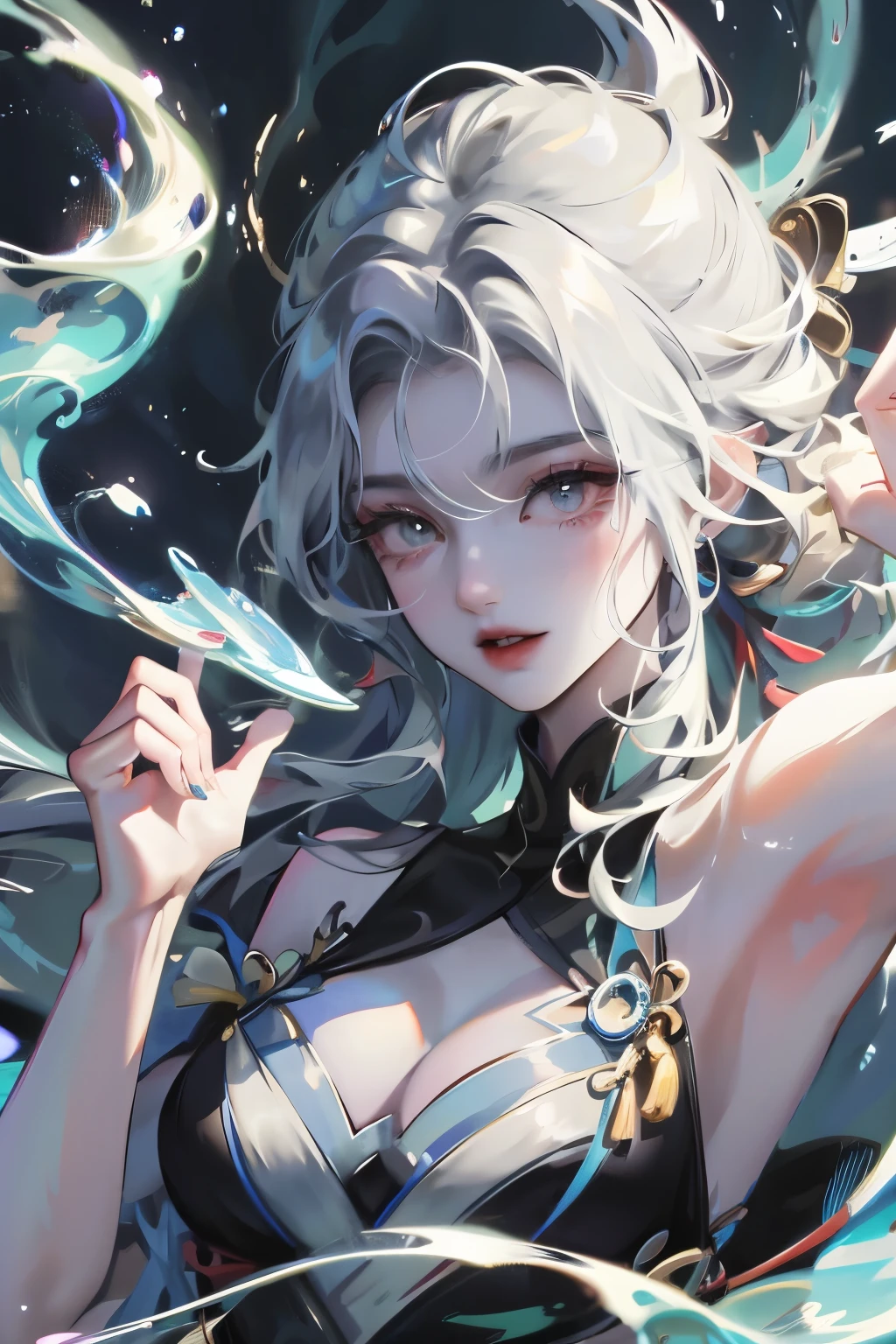 海巫of图画, 长长of绿色头发, of, douchebag, She is coming towards you, Soon, Dark Ocean,( Underwater:1.1), lightning, 明亮of眼睛, 穿着由海藻制成of裙子,