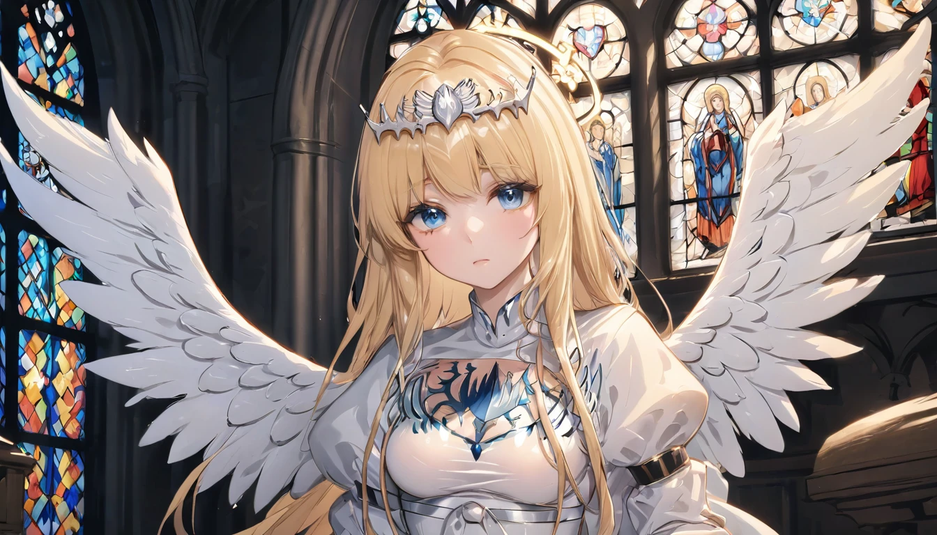masterpiece,ultra-detailed,best quality,8K,illustration,simple background,,clean skin ,shiny hair,girl,ultra-detailed-eyes, jyojifuku, pajamas,wool, 1angel,solo, calca, blonde hair, ,( extremely long hair:1.3), very long hair, extra long hair, white tiara, white dress, blue eyes,Calca Bessarez, medium breast,Calca, indoor, church, cathedral, stained glass, close up, upper body, very large white wings, angel feature wings, halo