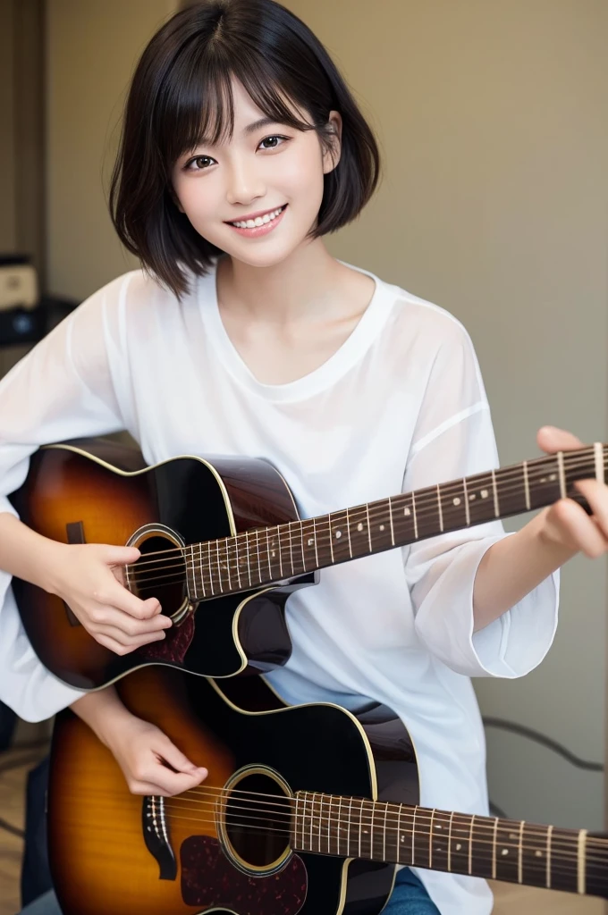 Highest quality。He has handsome, lustrous short hair.、Very Beautiful Japan Woman。She is wearing a white shirt、She has striking bluish-black eyes and a bright smile.、Playing an acoustic guitar with straight strings。
The image style is realistic。
