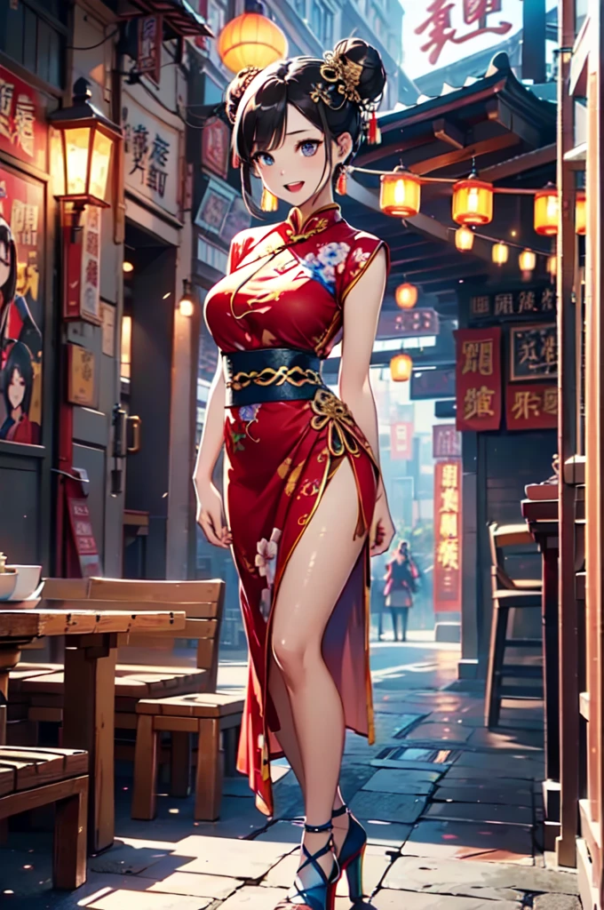(Official art、Best Quality、Unity 8k Wallpapers、32K、​masterpiece、ultra-detailliert、超A high resolution、realisitic、Photorealsitic:1.2)、(Cinematic lighting:1.2)、Fireglow effect、film grains、Best Shadows、Rim lighting、side lights、sideshot、(Ultra-detailed and complex 3D rendering)、Detailed beautiful face and eyes、A slender、Medium bust、(Full body:1.2)、 Highly detailed background、Chinese Restaurant、Carry dishes、beauitful face、blurry backround、a beauty girl、(super detailed skin、detailed skin textures:1.3)、Black hair、short-hair、Double bun、Blue eyes、Red cheongsam with gold thread embroidery、Wearing high heels、Floral hair ornament、(thighs thighs thighs thighs:0.9)、Smile with open mouth、dynamicposes