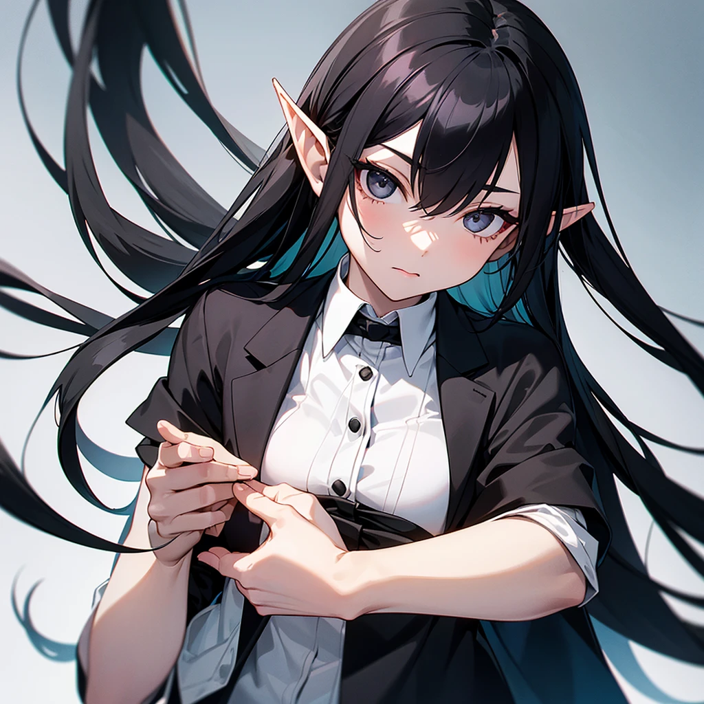 Girl with long black hair, black eyes, elf ears, holding a sycthe in one hand, wearing a black and white suit