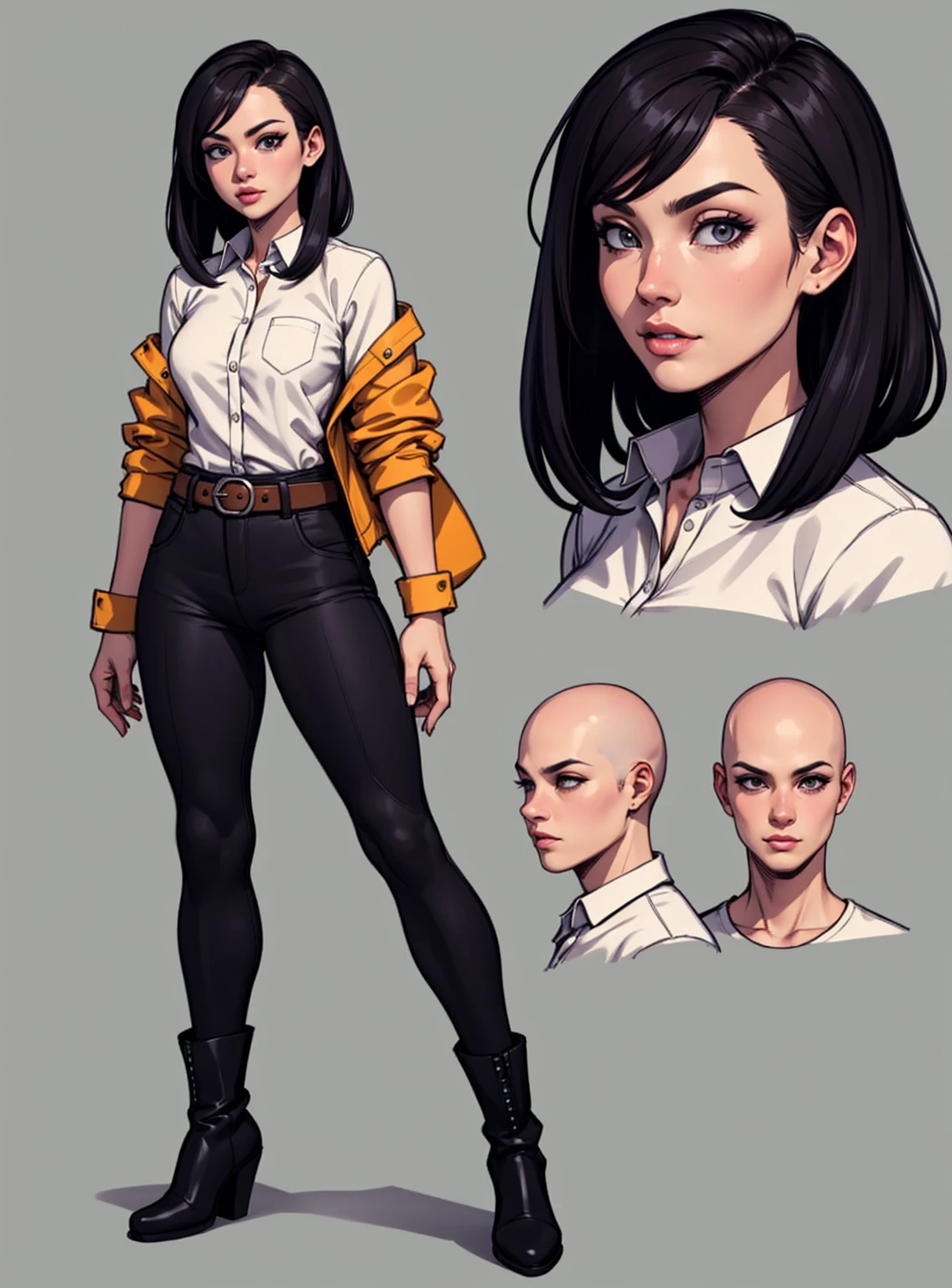digital art, highly detailed, reference sheet in multiple angles, standing pose, feminine features, mature woman, adult female, whole body, bald, form-fitting, jacket, office shirt, sleeves folded up to mid-arm, belt, long pants, heeled boots, 1woman, solo, upper body, lower body, ((Extremely Detailed)), ((Best Quality)), ((Masterpiece)), ((4k)).
