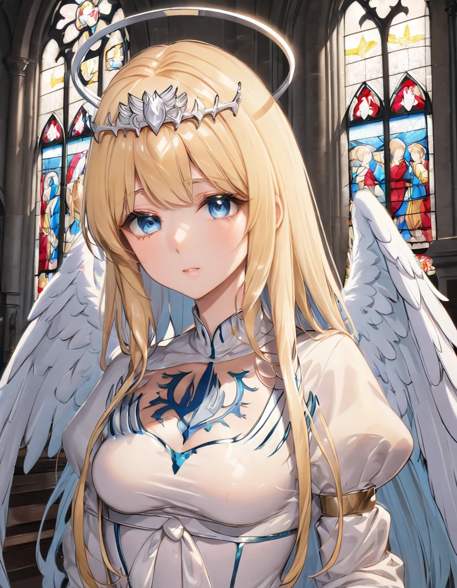 masterpiece,ultra-detailed,best quality,8K,illustration,simple background,,clean skin ,shiny hair,girl,ultra-detailed-eyes, jyojifuku, pajamas,wool, 1angel,solo, calca, blonde hair, ,( extremely long hair:1.3), very long hair, extra long hair, white tiara, white dress, blue eyes,Calca Bessarez, medium breast,Calca, indoor, church, cathedral, stained glass, close up, upper body, very large white wings, angel feature wings, halo