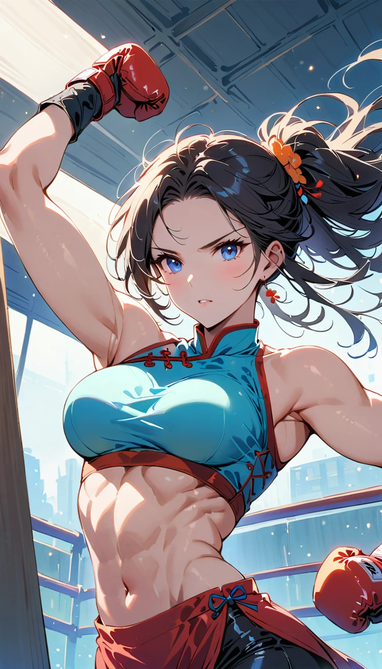 Boxing Match between muscular woman and doing a high kick, six pack, no men in background , Chinese dress crop top,  and leggings ,portrait, empty dojo background 
