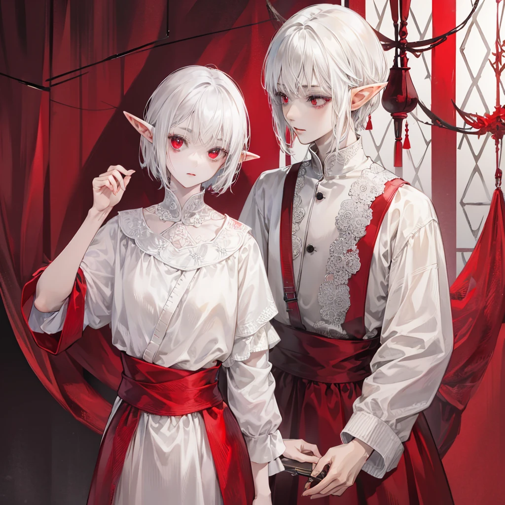 yung Elf, grey skin, White short hair, red eyes, dark clothes, black face patterns