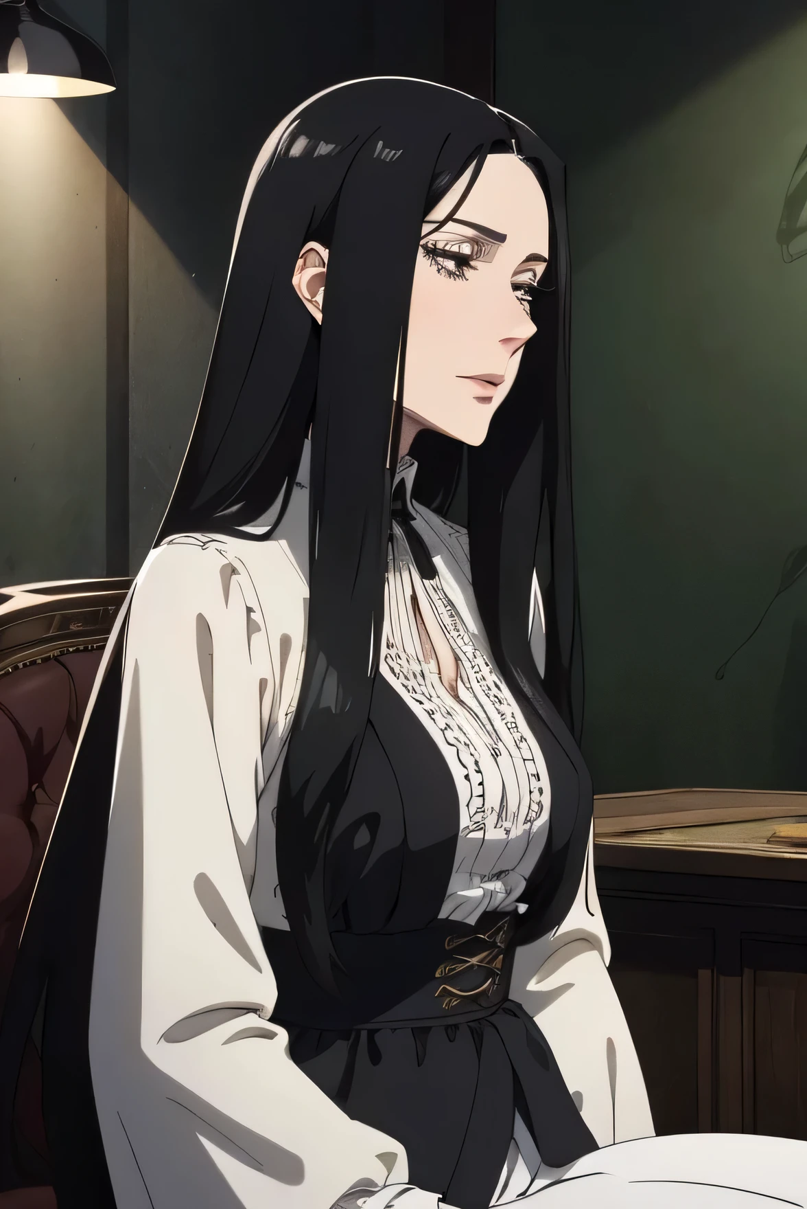 standing alone, (sophisticated victorian dress:1.0), ((work of art)),((high resolution)),((best qualityer)), extremely thin and beautiful, super fine illustration, (realisic skin), (olhos de anime incredibily detaileds), milf, vivid and beautiful, Shocking sensation, incredibily detailed, beautiful detailed girl, from front view, facing at viewer, Bblack hair, (Leprechaun), medium long Leprechaun ears, (transparentes:0.5), addressed, ((Bblack hair)), (pretty long hair), perfil, sitting down, film lighting, perfect shadow, realistic shadowed lighting