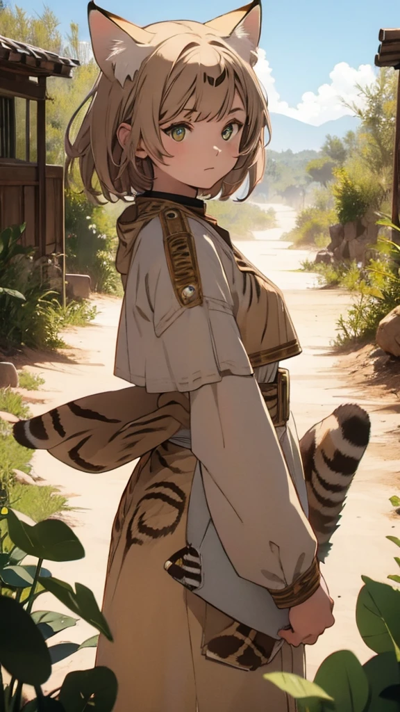 ((girl sand cat)) , desert, ((in african clothes)), very hot, a sun, wallpaper, manga art, professional art, ultra aesthetic, body detailed, hdr,