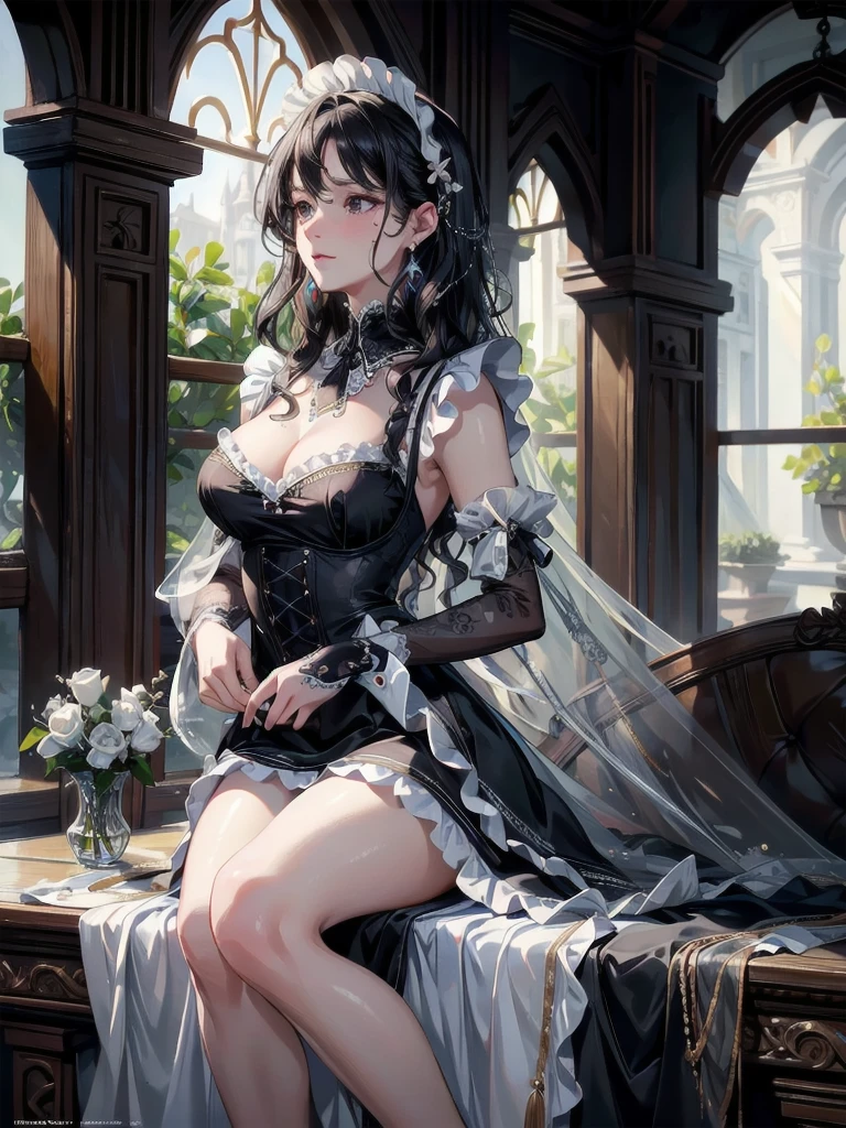 absurdres, RAW photo, extremely delicate and beautiful, masterpiece, Best Quality, ultra high resolution, 32k, hyperrealistic, ultra-detailed, delicate facial features, beautiful detailed woman, tearful mole, earring, medium breasts, full body shot, medium hair, black hair, wavy hair, maid costume,