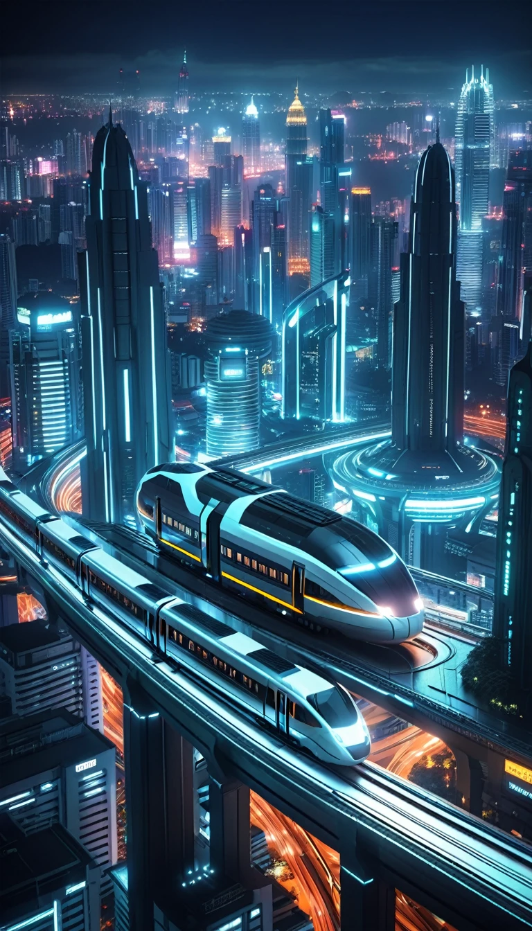 Futuristic city with futuristic train and futuristic buildings at night, Futuristic realistic photo, in other words Futuristic city of Kuala Lumpur Malaysia, in fantasy sci - fi city, Beautiful city of the future, futuristic utopian city, Concept Art 8K Resolution, Concept Art 8K Resolution, City of the Future, futuristic space port, concept art 8 k, Science Fiction Hollywood Concept Art