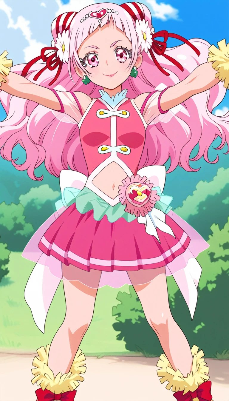score_9, score_8_up, score_7_up, cure yell, from front,standing on hill top, closed knees ,spread arms, serious smile,glossy lips