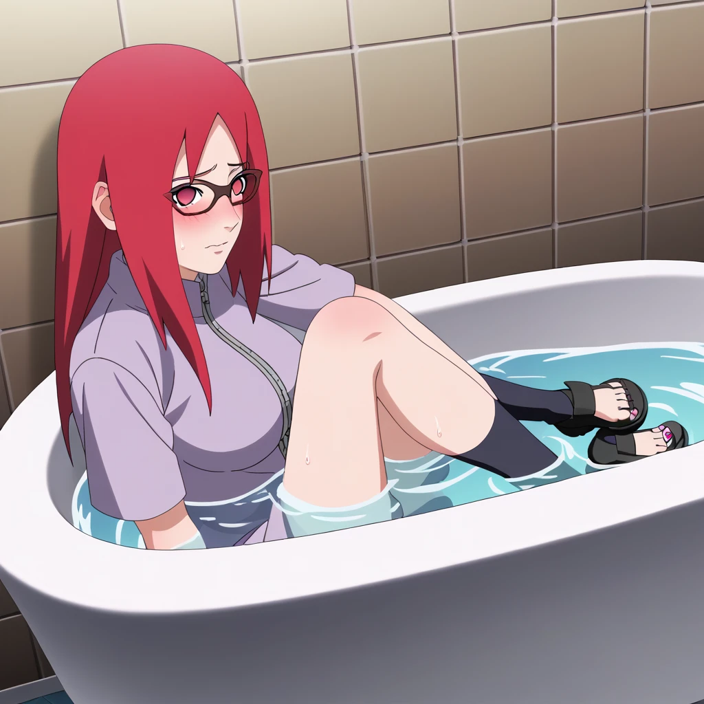 Red hair, 1 Girl, Glasses, Long hair, Red Eyes, Umbilical cord, Looking at the audience, No students, sit,Keep your legs together, zipper,Closed-toe shoes, Japanese cartoons screencap, Japanese cartoons coloring,src_Japanese cartoons,Naruto \(series\), Naruto shippuuden,（（blush，nervous，Vision，））masterpiece， absurd ， （Intricate details）， （Colorful）， light， Extremely detailed CG unity 8k wallpaper ，1 Girl， solo，（sit在浴缸里，优雅的sit着，Bathrobe，Keep your clothes conservative，bubble bath，Soaked in water，shy，Medium chest， ），sweat，blush，blush1.5，Blush，Big breasts，Lace dress，bathroom，night，（（Lace dress，Black stockings，big bathtub，Sling group，））