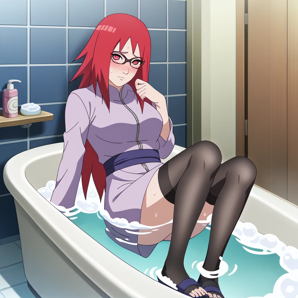 Red hair, 1 Girl, Glasses, Long hair, Red Eyes, Umbilical cord, Looking at the audience, No students, sit,Keep your legs together, zipper,Closed-toe shoes, Japanese cartoons screencap, Japanese cartoons coloring,src_Japanese cartoons,Naruto \(series\), Naruto shippuuden,((blush,nervous,Vision,))masterpiece, absurd , (Intricate details), (Colorful), light, Extremely detailed CG unity 8k wallpaper ,1 Girl, solo,(sit在浴缸里,优雅的sit着,Bathrobe,Keep your clothes conservative,bubble bath,Soaked in water,shy,Medium chest, ),sweat,blush,blush1.5,Blush,Big breasts,Lace dress,bathroom,night,((Lace dress,Black stockings,big bathtub,Sling group,))
