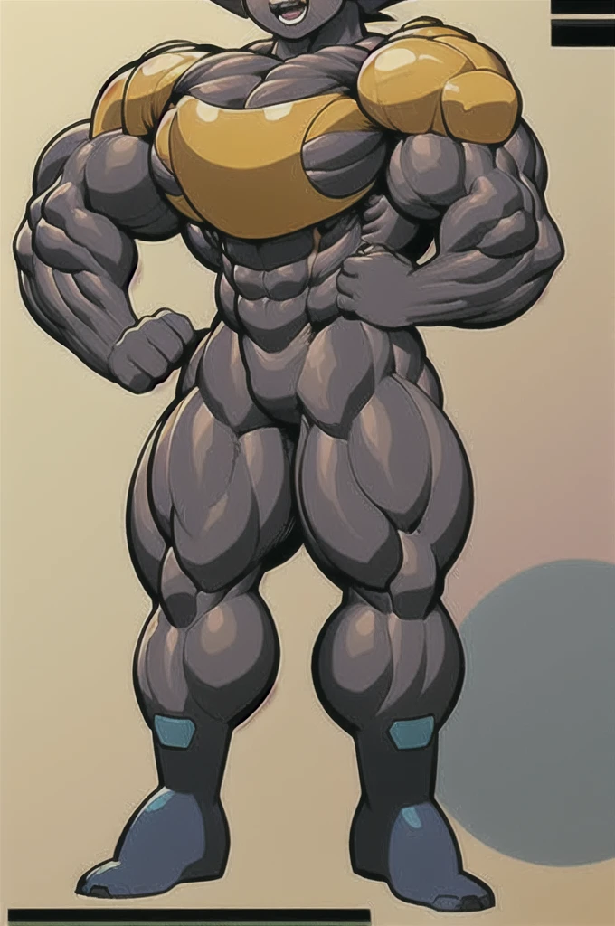 blue boots , yellow shoulder pads, blue helmet , Brown hair , green eyes, Blue suit, 1 boy, full body, masculine, muscular, happy, megaman ,muscle , bodybuilder  ,hypermuscle , human , boy , male , Pecs , Big , huge butt  , alone 