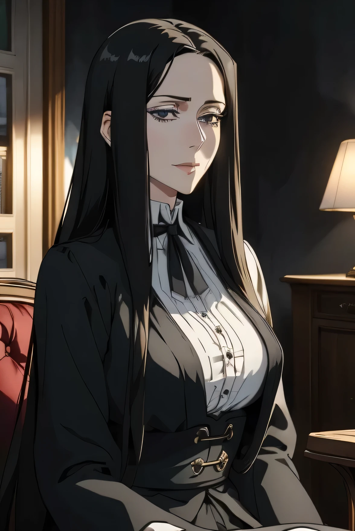 standing alone, (sophisticated victorian dress:1.0), ((work of art)),((high resolution)),((best qualityer)), extremely thin and beautiful, super fine illustration, (realisic skin), (olhos de anime incredibily detaileds), milf, vivid and beautiful, Shocking sensation, incredibily detailed, beautiful detailed girl, from front view, facing at viewer, Bblack hair, (Leprechaun), medium long Leprechaun ears, (transparentes:0.5), addressed, ((Bblack hair)), (pretty long hair), perfil, sitting down, film lighting, perfect shadow, realistic shadowed lighting
