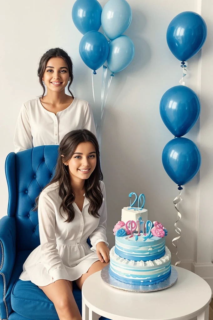 Create a realistic a profile picture where a 24 year old girl cutting his birthday cake facing forward in smile face, dress, sitting casually on a wingback chair there are gift lying on the ground along both sides of the chair and the cake is lying in front of table my username tahia Written written with Blue colour with balloon in different colours attached on the white wall