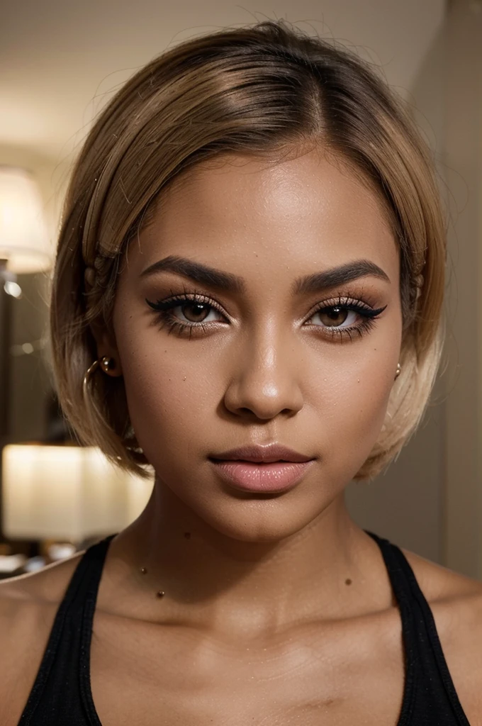 "Creates an image of a dark-skinned woman with a short blonde bob hairstyle. She has flawless makeup with well-defined eyebrows, strong black eyeliner, voluminous eyelashes, and shiny pink lips. She is wearing a nose piercing and a cherry earring The scene is softly and subtly lit, highlighting the details of her makeup and hair. She is dressed in a colorful top and is taking a selfie.