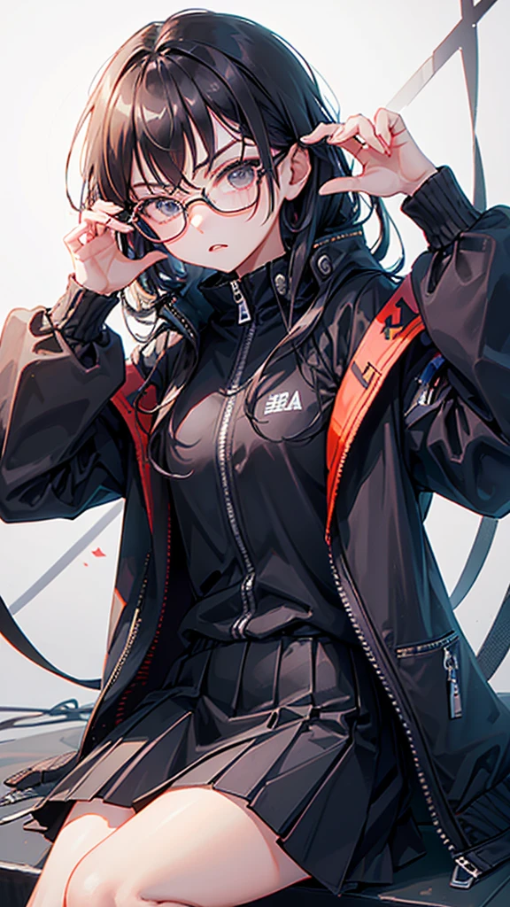 (Highest quality:1.2)。One Woman。Glasses。Angry expression。(Wearing a black jacket)。(sitting)。The background is a white。(the word SELA is written on his jacket )