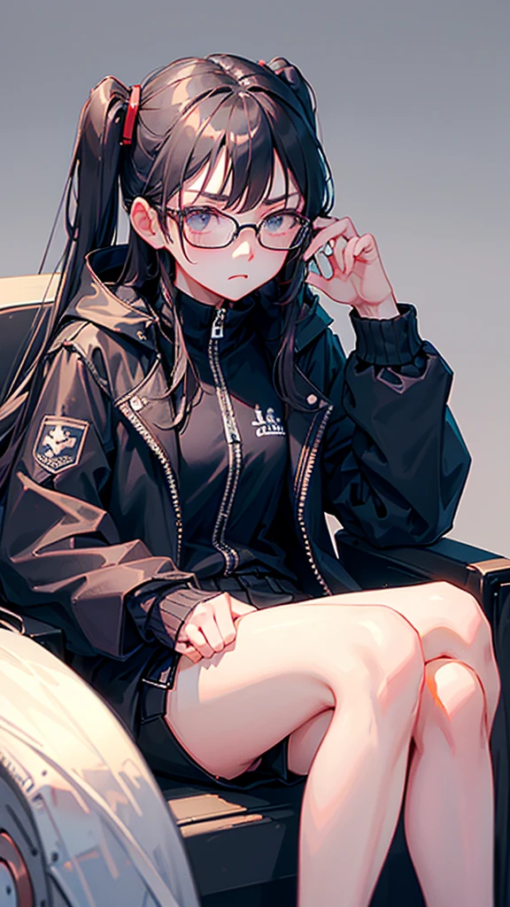 (Highest quality:1.2)。One Woman。Glasses。Angry expression。(Wearing a black jacket)。(sitting)。The background is a white。(the word SELA is written on his jacket )
